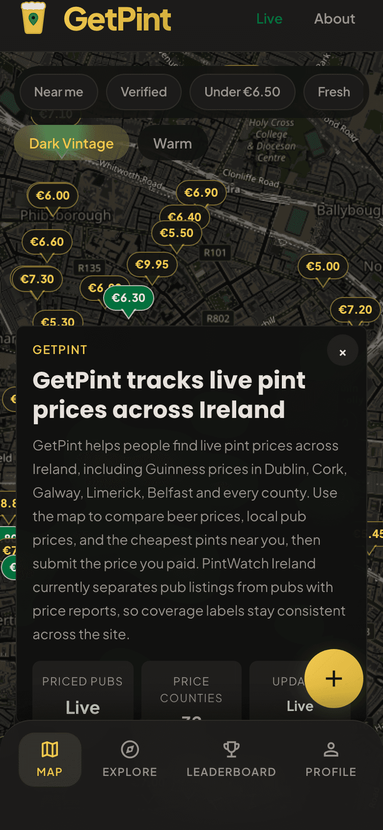 GetPint mobile map showing live pint prices across Ireland